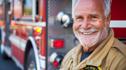 Portrait of smiling fireman standing in front of firetruck - obrazy, fototapety, plakaty