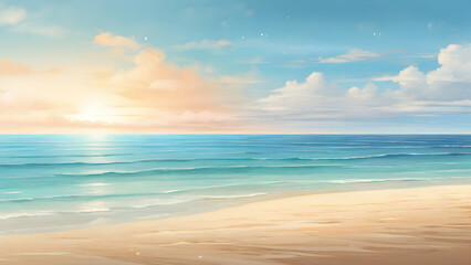 Beautiful sandy beach and soft blue ocean wave. Cartoon or anime Illustration style. - obrazy, fototapety, plakaty