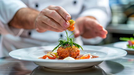 Chef decorating meatballs with vegetables on a plate in the restaurant kitchen