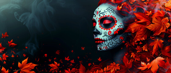day of dead promotion banner. Girl in make up sugar skull