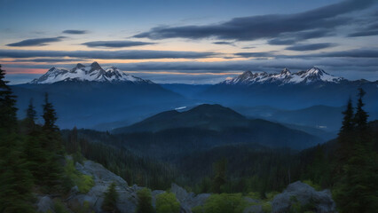 Beautiful view of the Blue Hour after sunset over the mountains.