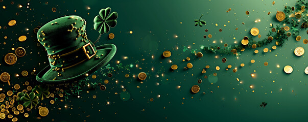charming St. Patrick's Day setting featuring a traditional leprechaun hat with clovers on a glittery background