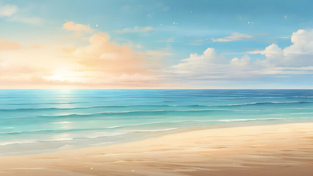 Beautiful sandy beach and soft blue ocean wave. Cartoon or anime Illustration style.