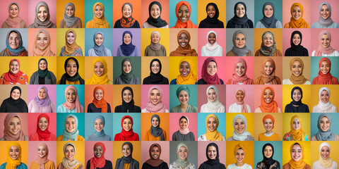 Composite portrait of headshots of different smiling muslim women women from all ages, including all ethnic, racial, and geographic types of  muslim women in the world on a colorful flat background