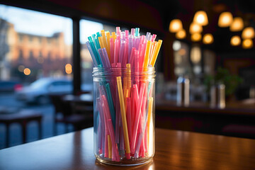 A dispenser of everyday disposable plastic straws on a cafe counter - obrazy, fototapety, plakaty