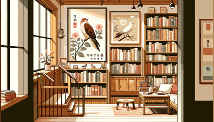 Concept of an image of a reading space with a relaxed atmosphere. Vector illustration.