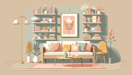 Concept of an image of a reading space with a relaxed atmosphere. Vector illustration.