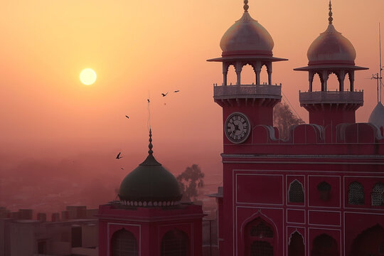 A picture of the dome and a clock tower in a Mosque at sunset or sunrise, the tallest clock tower