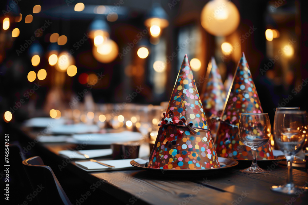 Canvas Prints an endearing disposable party hat with colorful streamers on a celebration table