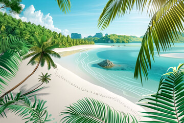Illustration of tropical beach with white sand, ocean, palm