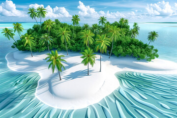 Illustration of tropical beach with white sand, ocean, palm