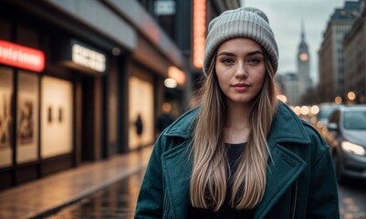 A young woman in a green coat and hat stands on a city street. Cars and illuminated storefronts can be seen in the background.