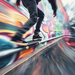Skateboarer grining rail urban art style motion blur an graffiti elements