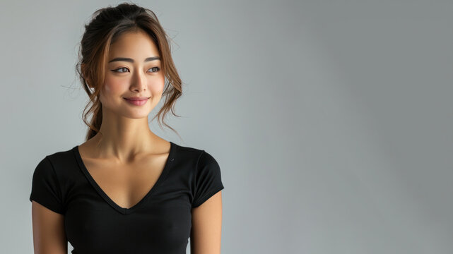 Asian woman wearing black ribbed V-Neck Body smiling isolated on grey