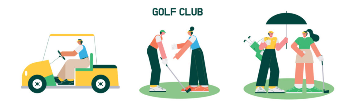 A person driving a cart on a golf course. A person who teaches golf. A caddy and a player holding an umbrella and carrying a golf bag. flat vector illustration.