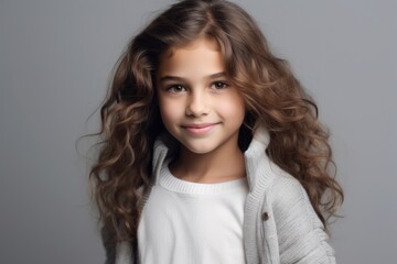 Portrait of a cute little girl with long curly hair. Studio shot.