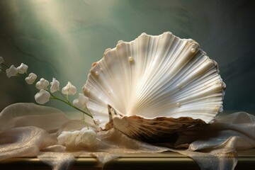Sea pearl shell perfect. Scenic resort. Generate Ai