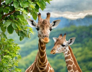 a giraffe mother and calf standing tall, their long necks reaching for leaves on a tree