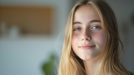 Fototapeta premium A close-up portrait of a young girl with blonde hair and blue eyes, featuring a soft smile and freckles, with a blurred background
