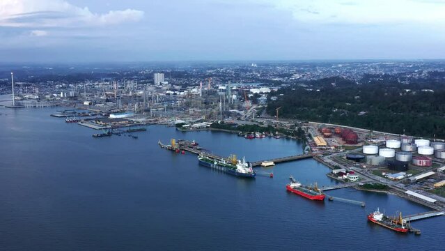 Aerial view of Docked Oil Tankers and Pertamina Oil refinery at Balikpapan Port - East Kalimantan, Indonesia