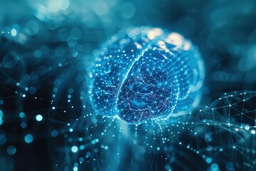 Wireframe image of brain, blue background, 3D rendering, technology, concept, brain scan, modern line art. Hi-Tech Futuristic	