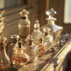 Obraz na płótnie Canvas Vintage perfume bottles backlit by soft morning light timeless elegance