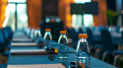 Empty chairs and tables in a conference hall or seminar room. blur background