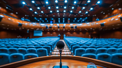 Microphone in conference hall or meeting room with blue seats and blurred background