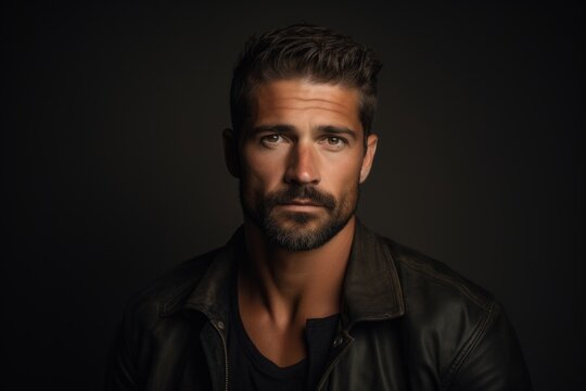 Portrait of a handsome man in a leather jacket on a dark background