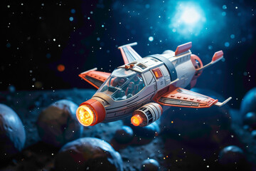 3D-modeled spaceship toy floating in a simulated galaxy, capturing the excitement of interstellar adventures for kids