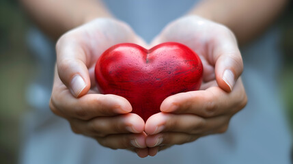 Red heart in the hands of a young woman. Selective focus. Heart care concept