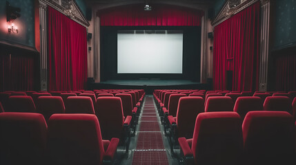 Empty cinema auditorium with red seats and blank white screen on the wall