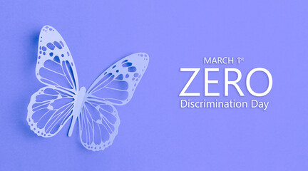 1st March 2024 paper butterfly on purple. Zero discrimination day concepts.