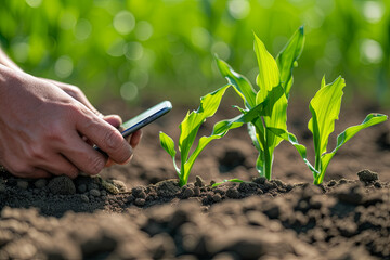 A Farmer Records Corn Sapling Data Using a Smartphone