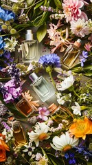 Obraz na płótnie Canvas Artisanal perfume bottles surroune by fresh flowers natures fragrance capture