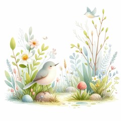 Spring wildlife and ecosystems.  watercolor illustration, Collection of watercolor spring forest elements isolated on white background.