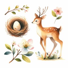 Spring wildlife and ecosystems.  watercolor illustration, Collection of watercolor spring forest elements isolated on white background.