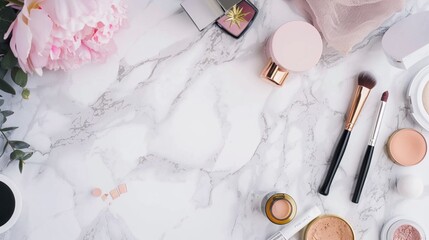 Beauty bloggers flat lay of favorite makeup items a curate selection