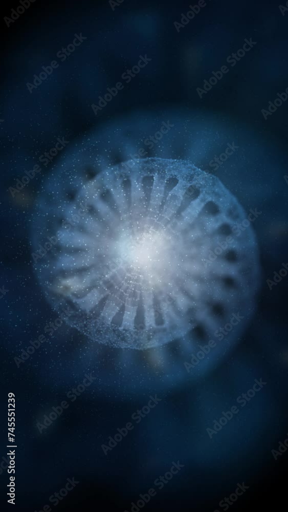 Poster abstract blurred dna chain loop slow motion rotation on dark blue vertical animation background.