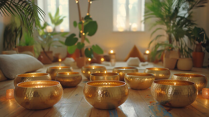 Sound healing Tibetan brass bowls, alternative healing therapy sound meditation relaxation practice - obrazy, fototapety, plakaty