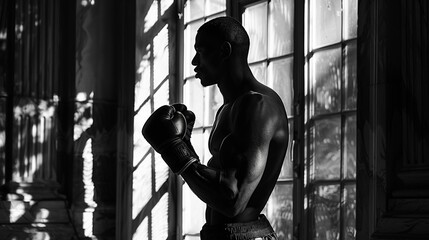 Fototapeta na wymiar Boxer shaowboxing intense focus in monochrome every muscle etche in etail3