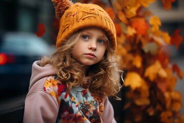 Portrait of a cute little girl in a knitted hat on the background of autumn leaves