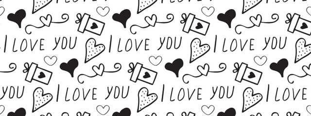 Seamless pattern with hearts in doodle style.