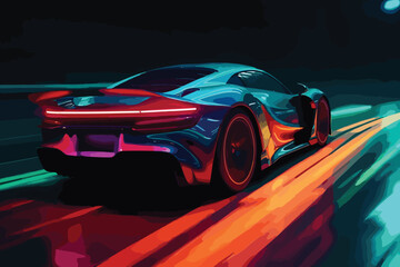 Speeding Sports Car On Neon Highway. Powerful acceleration of a supercar on a night track with colorful lights and trails. 3d render