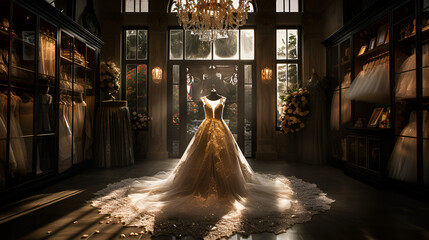 A stunning luxury wedding dress stands in the spotlight in bridal shop. AI generative 