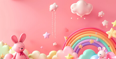 lovely and adorable bunny with clouds and rainbow, colorful, pink background. Generative Ai.