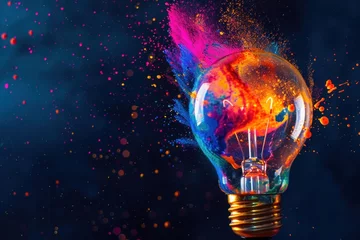 Fotobehang Creative light bulb explodes with colorful paint and colors new idea concept. Generative AI. © Dusit