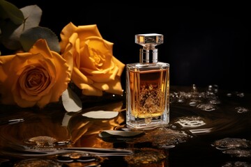 Obraz na płótnie Canvas Elegant Perfume product presentation. Cosmetics product on soft interior furniture. Generate ai