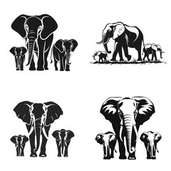 Elephant (Elephant Family Silhouette). simple minimalist isolated in white background vector illustration
