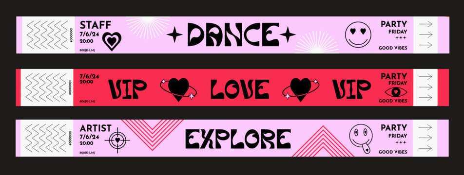 Set of control tickets mockup for parties, events, festivals, open-air, disco, raves, staff, artist, VIP. Collection of vector festival paper bracelet in a bold, groovy, funky, cartoon, pink red style